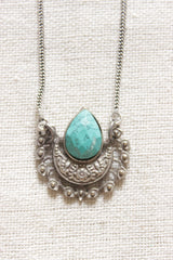 Peacock Feather Shape Petite Silver Chain Oxidised Finish Necklace Embellished with Turquoise Stone