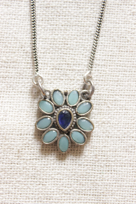 Flower Shape Petite Silver Chain Oxidised Finish Necklace Embellished with Purple and Turquoise Stones