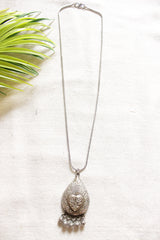 Tear Drop Shape Pendant with Embossed Flowers and Leaves Petite Silver Chain Oxidised Finish Necklace