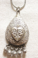 Tear Drop Shape Pendant with Embossed Flowers and Leaves Petite Silver Chain Oxidised Finish Necklace