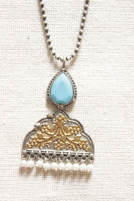 Dual Tone Pendant with Embossed Flowers and Leaves Petite Beaded Silver Chain Oxidised Finish Necklace Embellished with Blue Stone