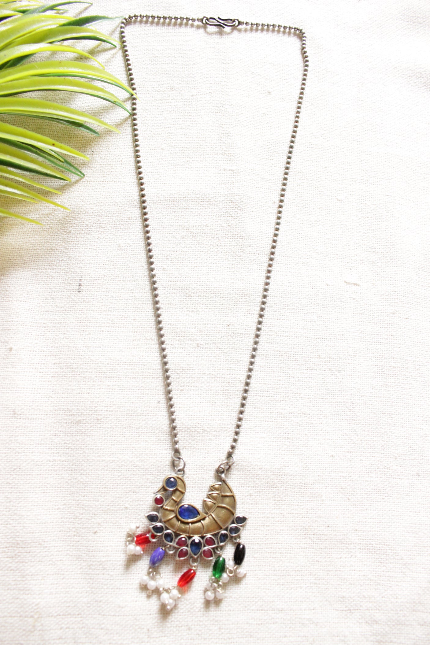 Dual Tone Peacock Shape Multi-Color Stones Embedded Petite Beaded Silver Chain Necklace