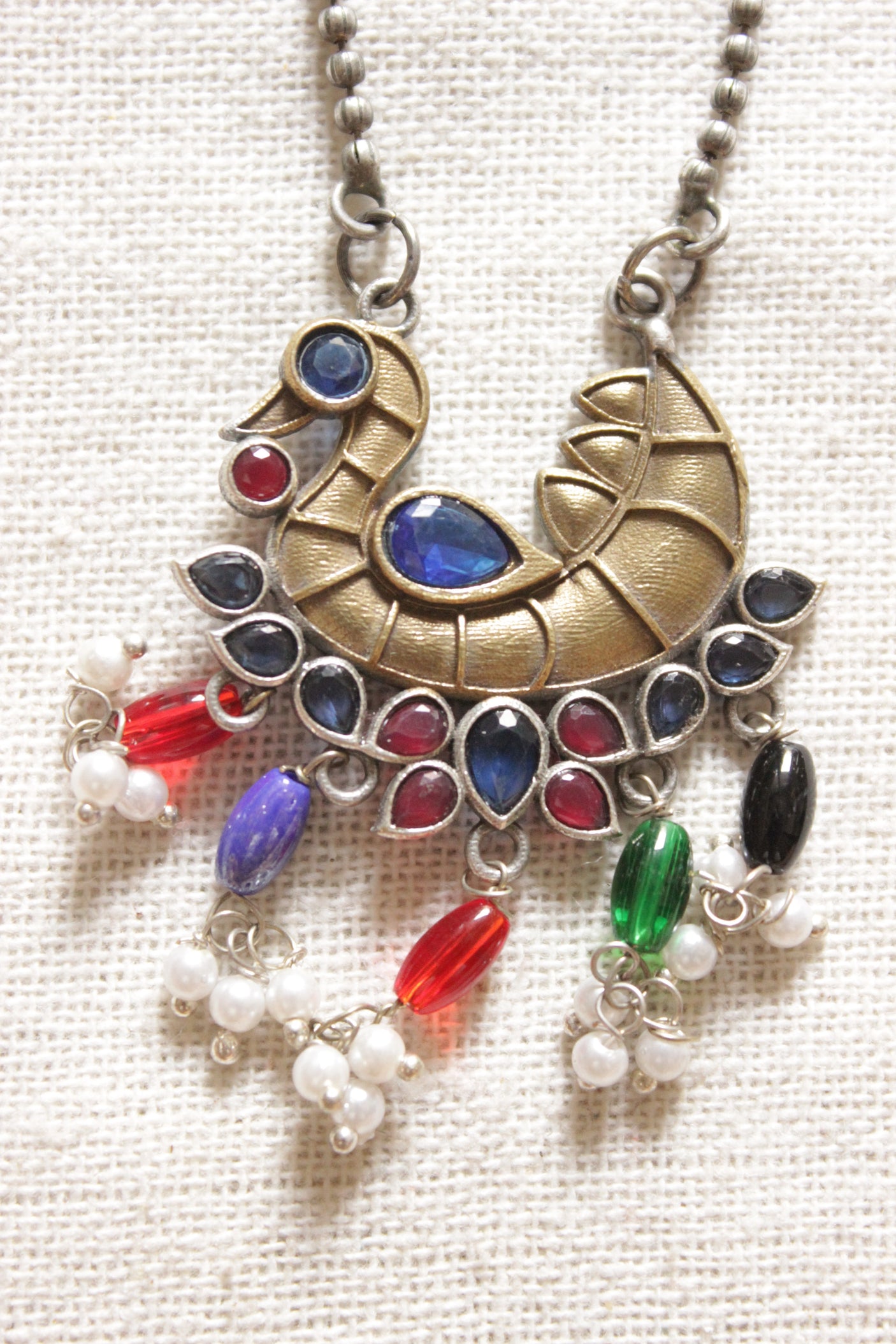 Dual Tone Peacock Shape Multi-Color Stones Embedded Petite Beaded Silver Chain Necklace