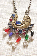 Dual Tone Peacock Shape Multi-Color Stones Embedded Petite Beaded Silver Chain Necklace