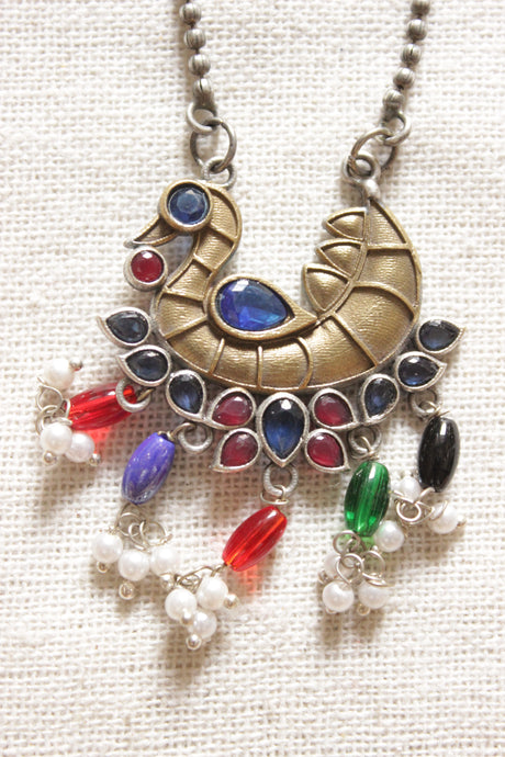 Dual Tone Peacock Shape Multi-Color Stones Embedded Petite Beaded Silver Chain Necklace