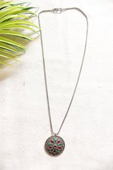 Oxidised Finish Circular Pendant Embellished with Red and Green Stones Petite Silver Chain Necklace