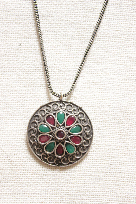 Oxidised Finish Circular Pendant Embellished with Red and Green Stones Petite Silver Chain Necklace