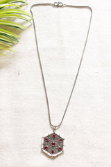 Oxidised Finish Hexagon Shape Pendant Embellished with Red Stones Petite Silver Chain Necklace