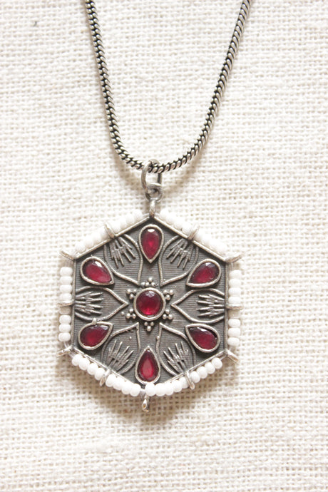 Oxidised Finish Hexagon Shape Pendant Embellished with Red Stones Petite Silver Chain Necklace