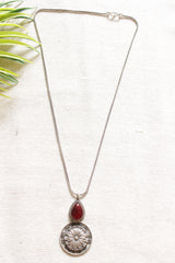 Oxidised Finish Concentric Circles Pendant with Tear Drop Shape Red Stone Petite Silver Chain Necklace