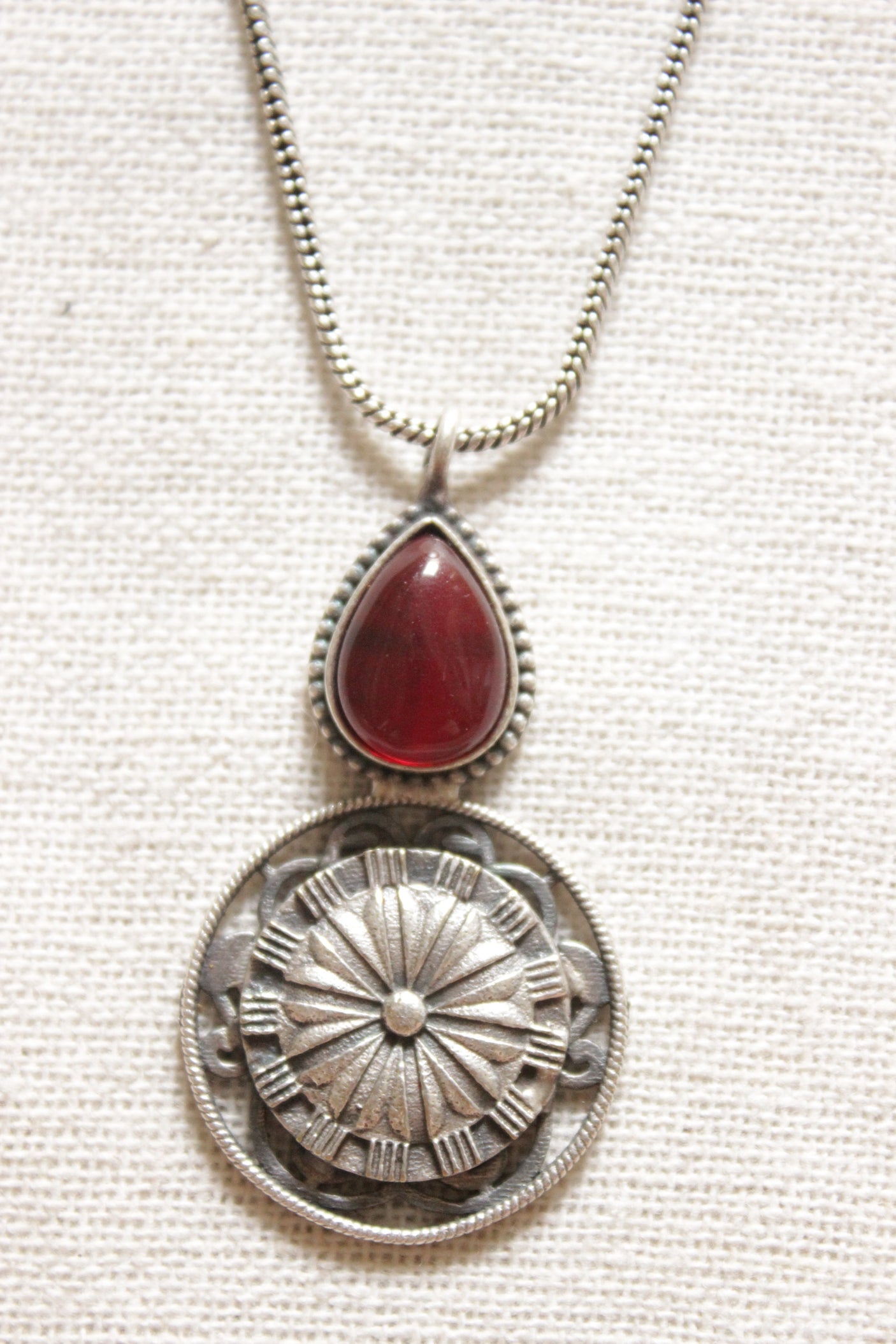 Oxidised Finish Concentric Circles Pendant with Tear Drop Shape Red Stone Petite Silver Chain Necklace