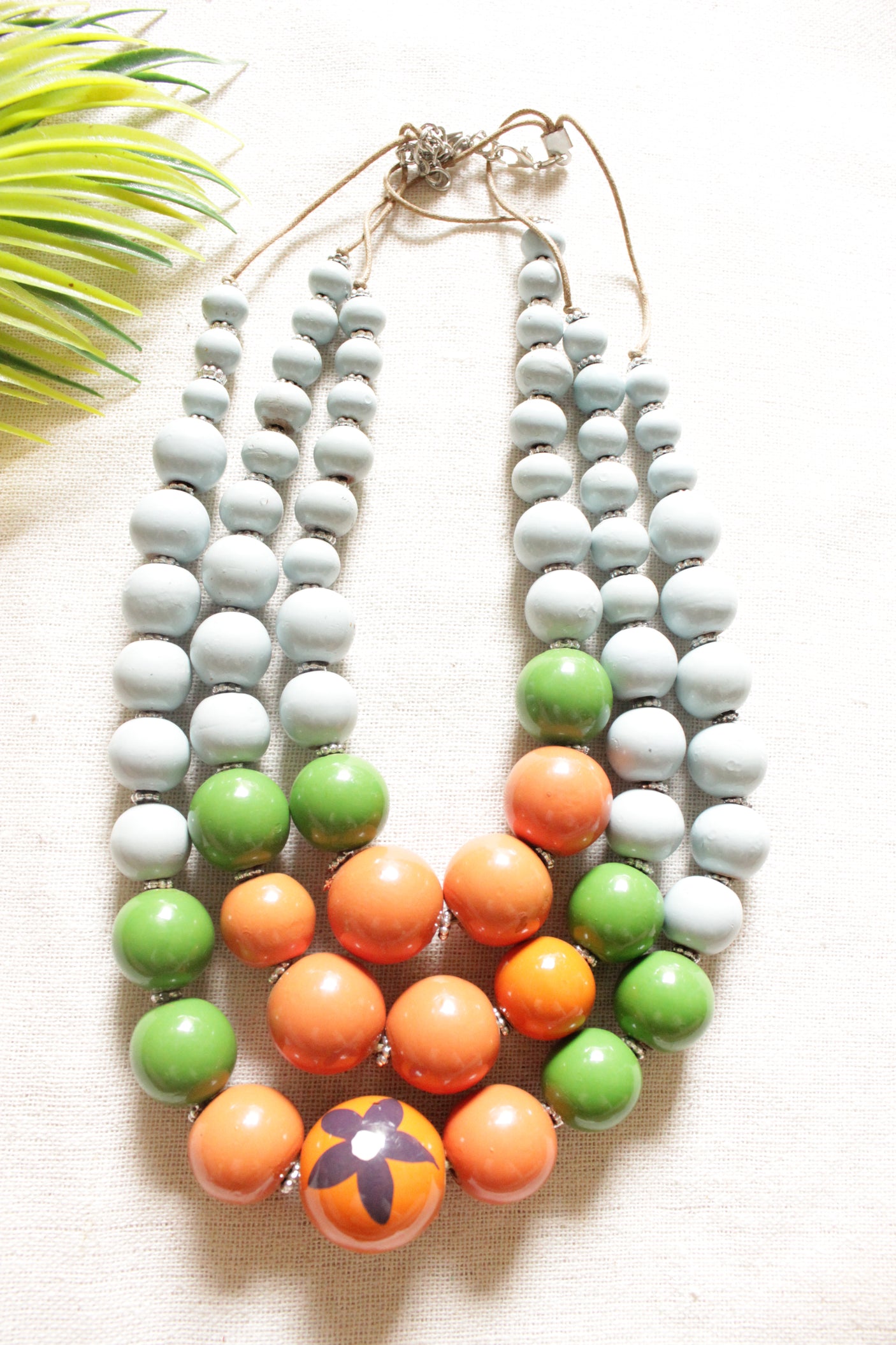 Orange, Green and Blue Acrylic Beads 3 Layer Necklace Rope and Chain Closure Necklace