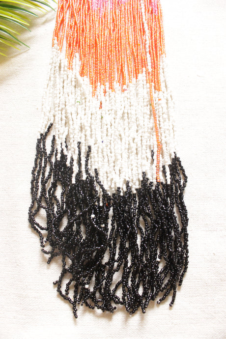 Black, White, Orange and Pink Beads Hand Braided Long Multi-Layer Choker Necklace