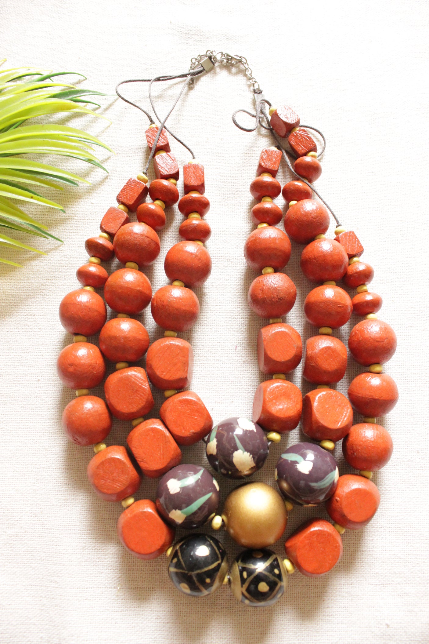Orange, Gold and Brown Acrylic Beads 3 Layer Necklace with Rope and Chain Closure Necklace