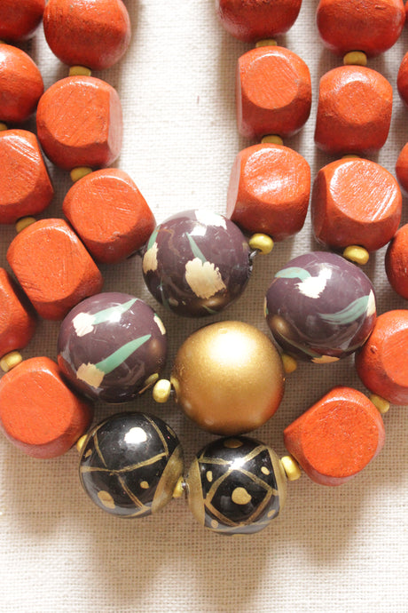Orange, Gold and Brown Acrylic Beads 3 Layer Necklace with Rope and Chain Closure Necklace