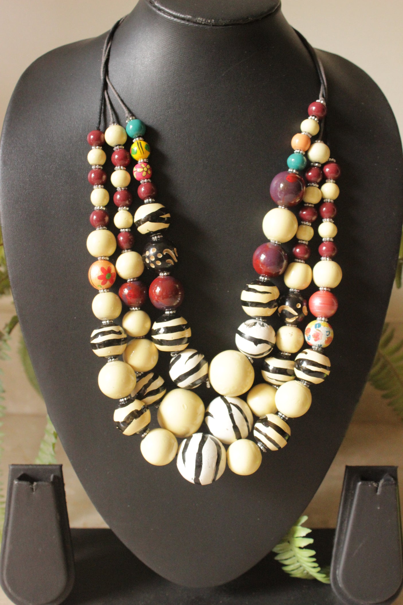Cream and Multi-Color Circular Acrylic Beads 3 Layer Necklace Rope and Chain Closure Necklace