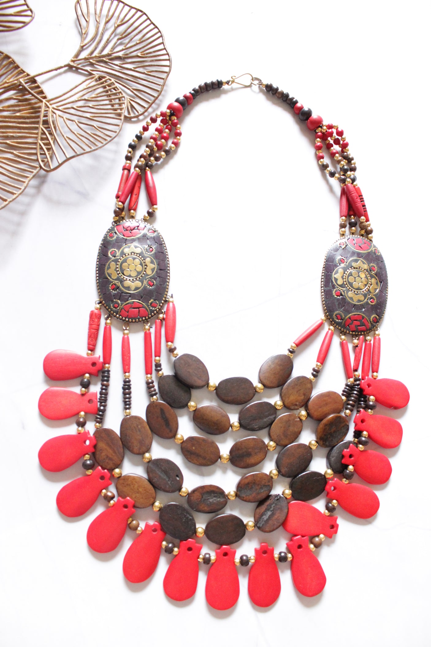 Brown and Red Bone Beads Handcrafted Multi-Layer African Tribal Necklace
