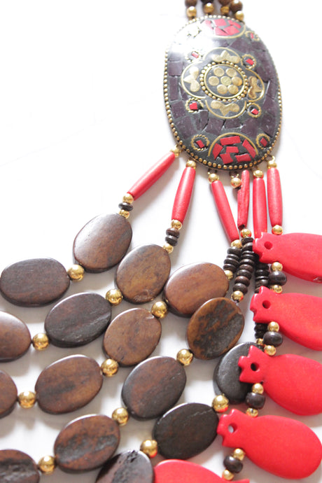 Brown and Red Bone Beads Handcrafted Multi-Layer African Tribal Necklace