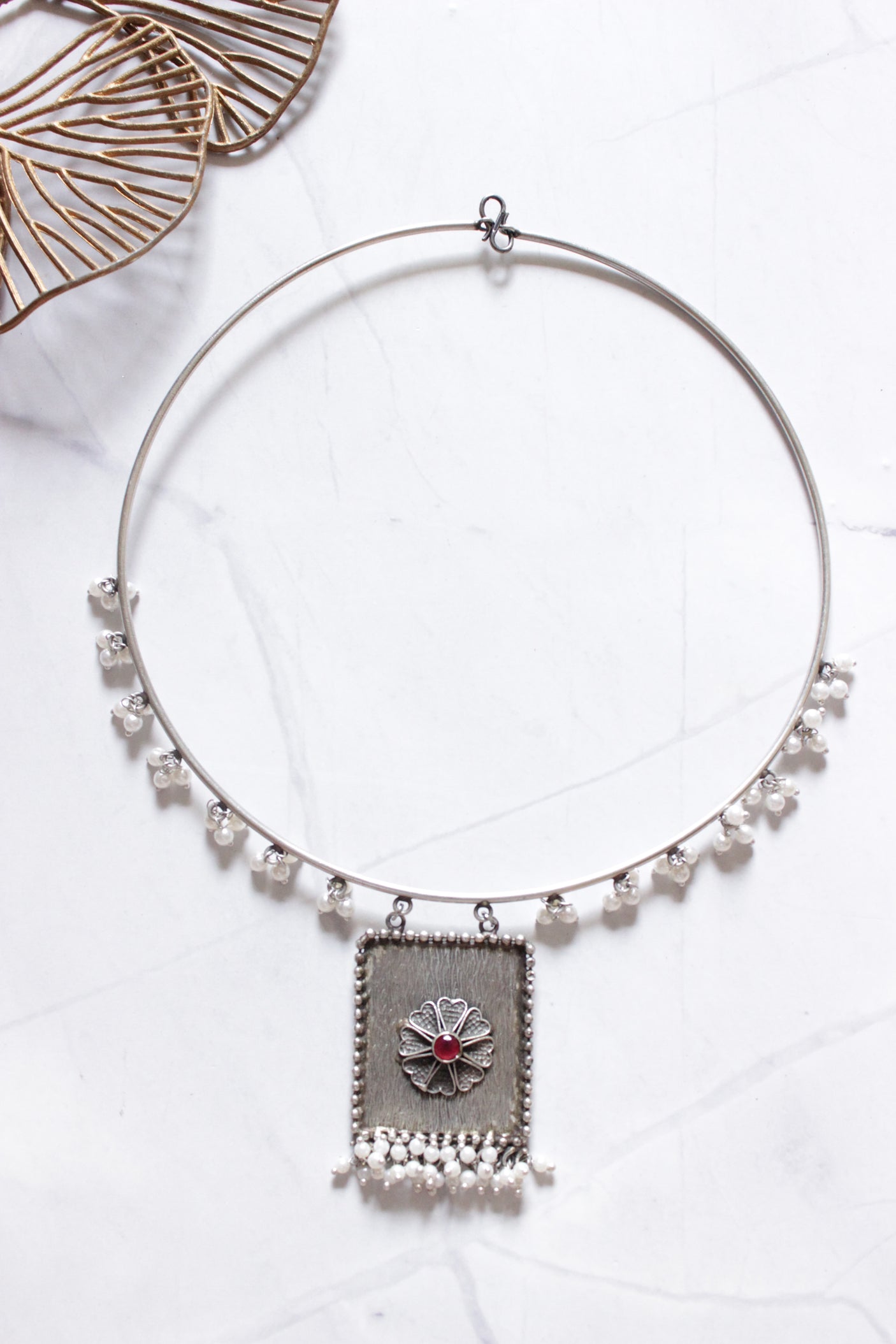 Premium Oxidised Finish Hasli Style White Beads Embellished Choker Necklace