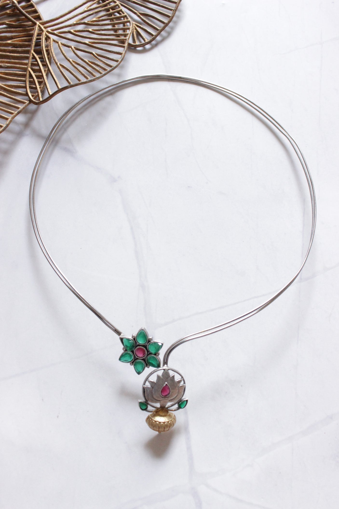 Pink and Green Natural Glass Stones Embedded Dual Tone Hasli Style Choker Necklace