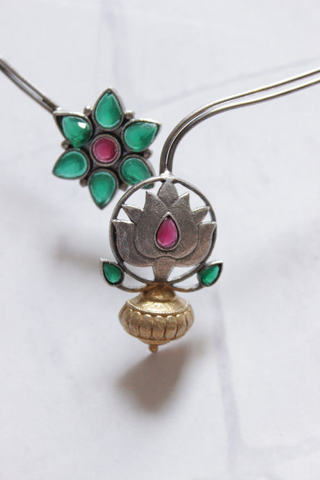 Pink and Green Natural Glass Stones Embedded Dual Tone Hasli Style Choker Necklace