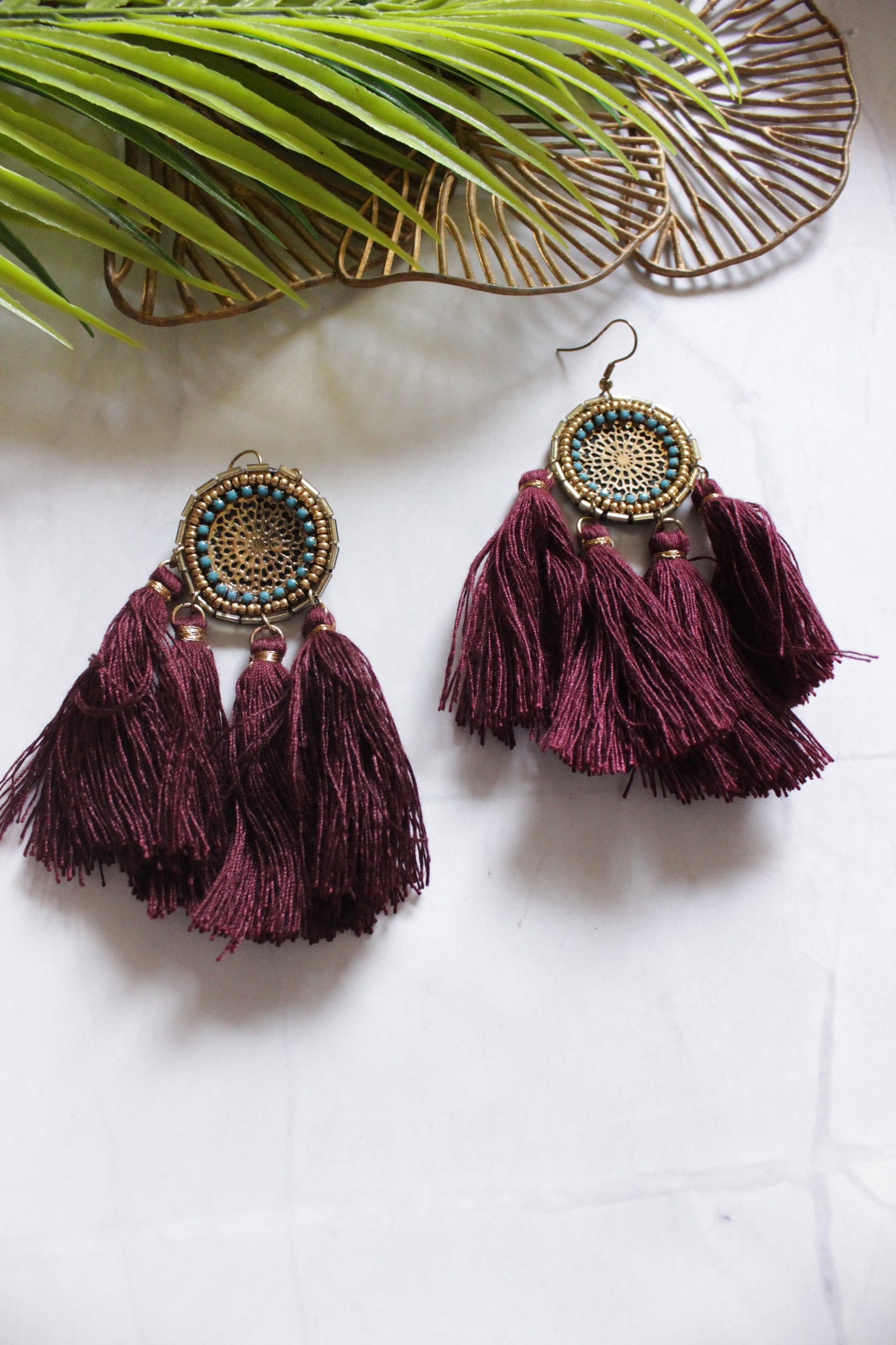 Maroon Pom Poms Embellished Beaded Dangler Earrings