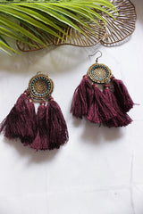 Maroon Pom Poms Embellished Beaded Dangler Earrings