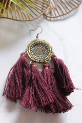 Maroon Pom Poms Embellished Beaded Dangler Earrings