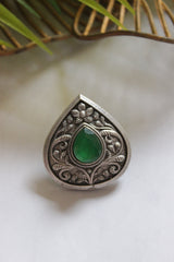 Premium Oxidised Finish Green Stone Embedded Tear Drop Shape Stud Earrings