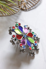 Multi-Color Glass Stones Embedded Oxidised Finish Adjustable Ring