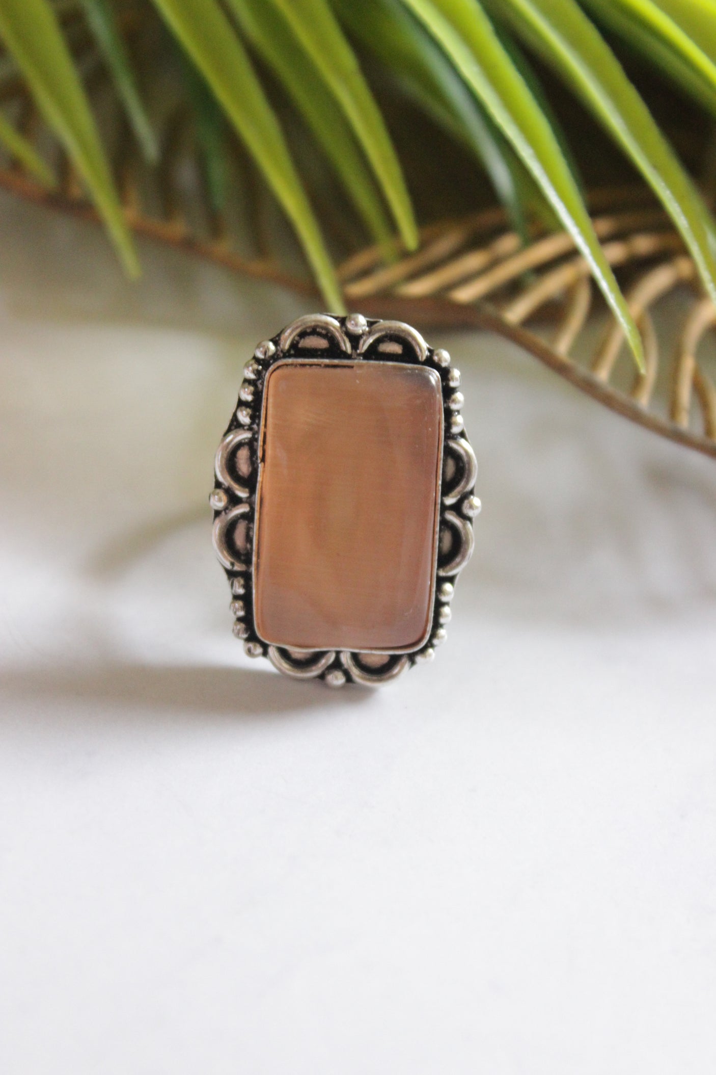 Peach Natural Gemstone Embedded Silver Finish Adjustable Ring
