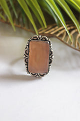 Peach Natural Gemstone Embedded Silver Finish Adjustable Ring