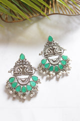 Oxidised Finish Peacock Motifs Green Stones Embedded Earrings