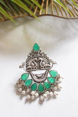 Oxidised Finish Peacock Motifs Green Stones Embedded Earrings