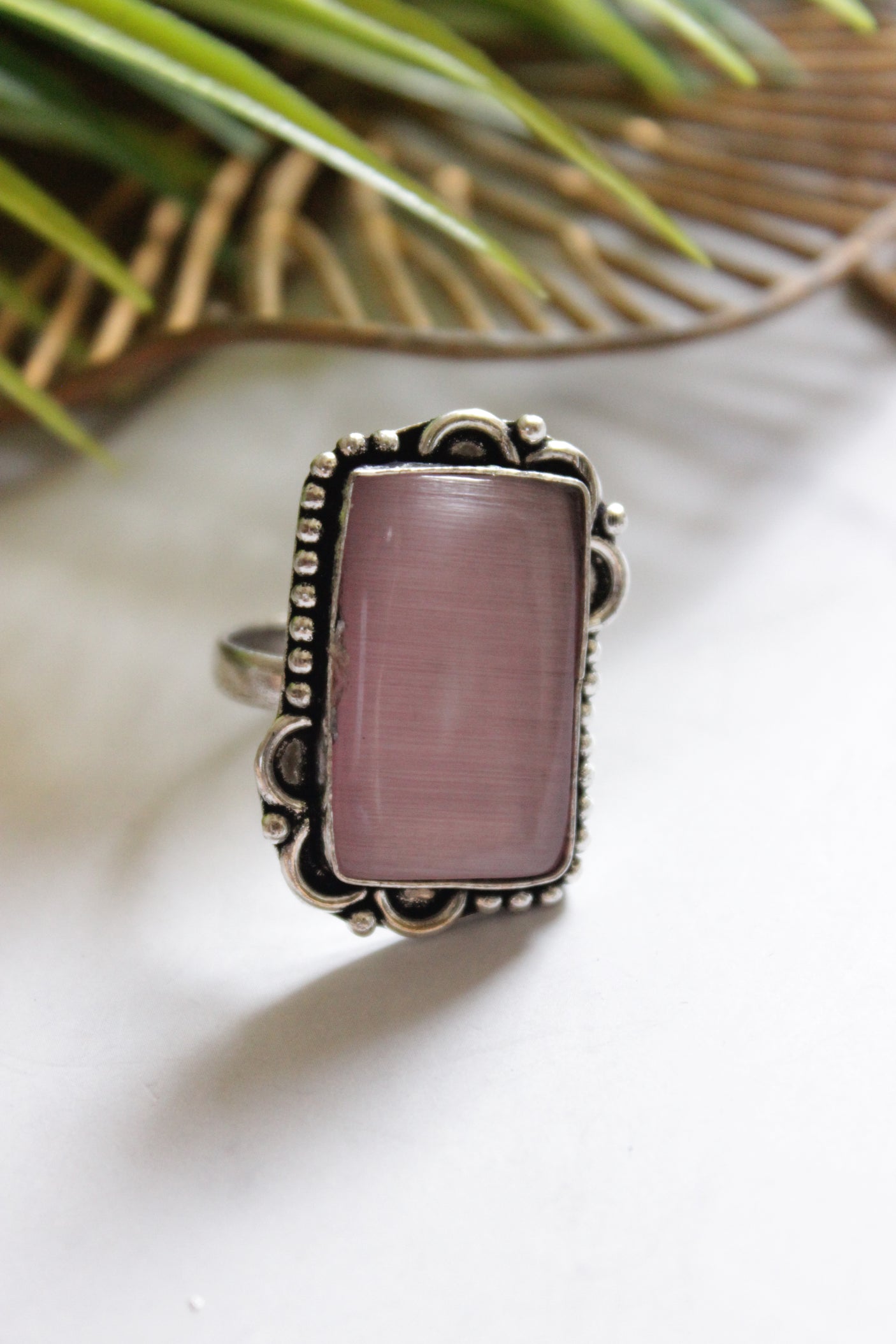 Purple Natural Gemstone Embedded Silver Finish Adjustable Ring