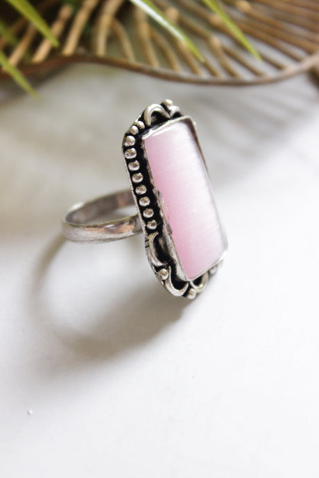 Purple Natural Gemstone Embedded Silver Finish Adjustable Ring