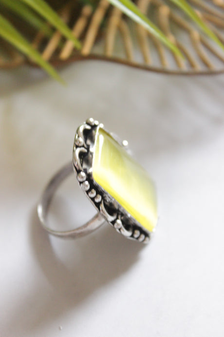 Lime Green Natural Gemstone Embedded Silver Finish Adjustable Ring