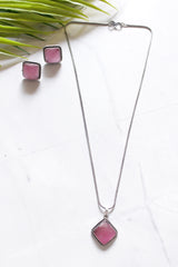 Pink Natural Gemstones Embedded Petite Silver Chain Necklace Set