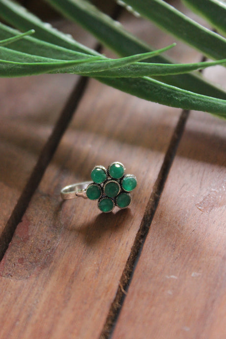 Green Stones Flower Shape Oxidised Finish Silver Clip On Nosepin