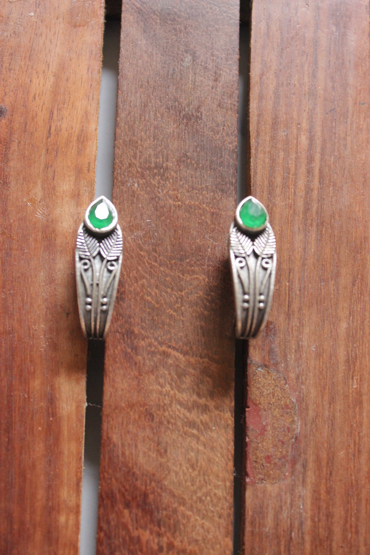 Premium Oxidised Finish Green Stone Embedded Stud Earrings