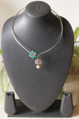 Pink and Green Natural Glass Stones Embedded Dual Tone Hasli Style Choker Necklace