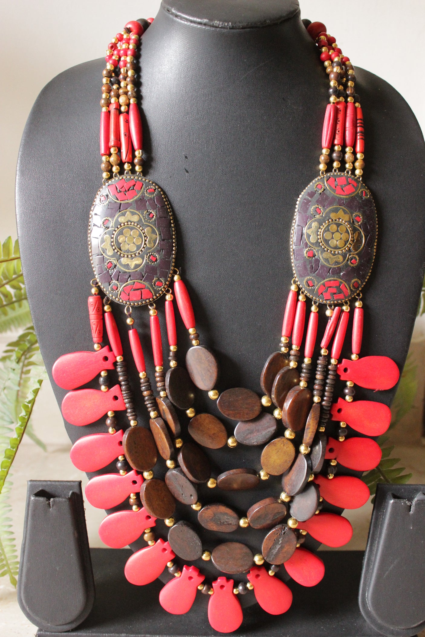 Brown and Red Bone Beads Handcrafted Multi-Layer African Tribal Necklace