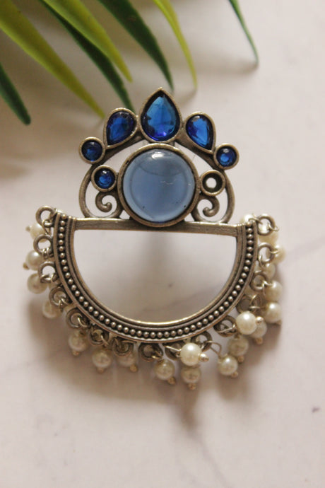 Ivory Stone Half Moon Shape Blue and Purple Stones Embedded Earrings