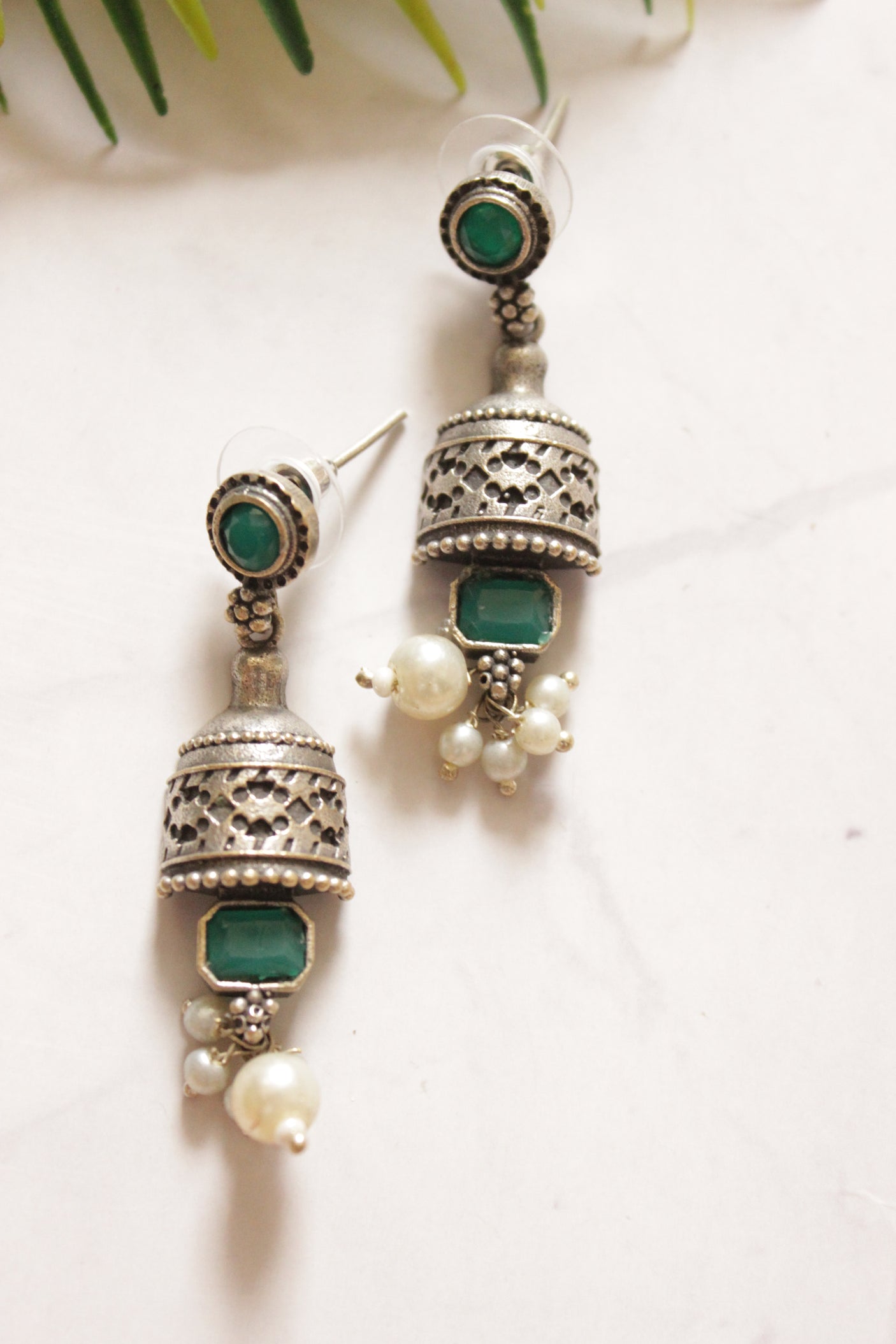 Premium Oxidised Finish Green Stones Embedded Long Earrings