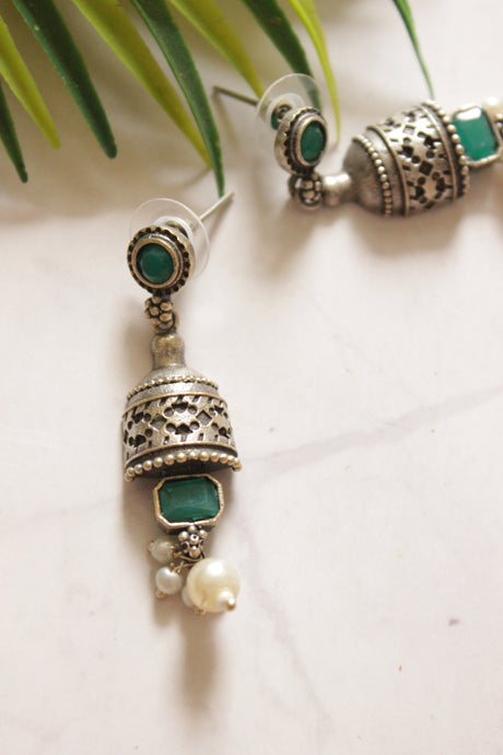 Premium Oxidised Finish Green Stones Embedded Long Earrings