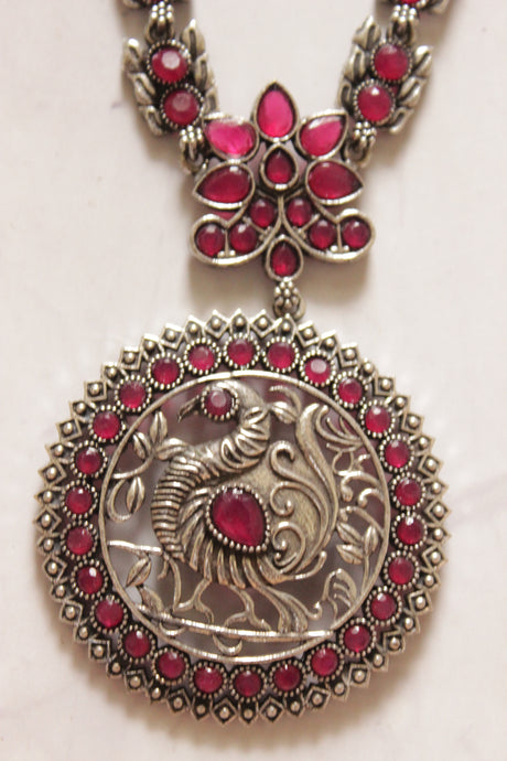 Pink Stones Embedded Peacock Motif Oxidised Finish Long Necklace Set