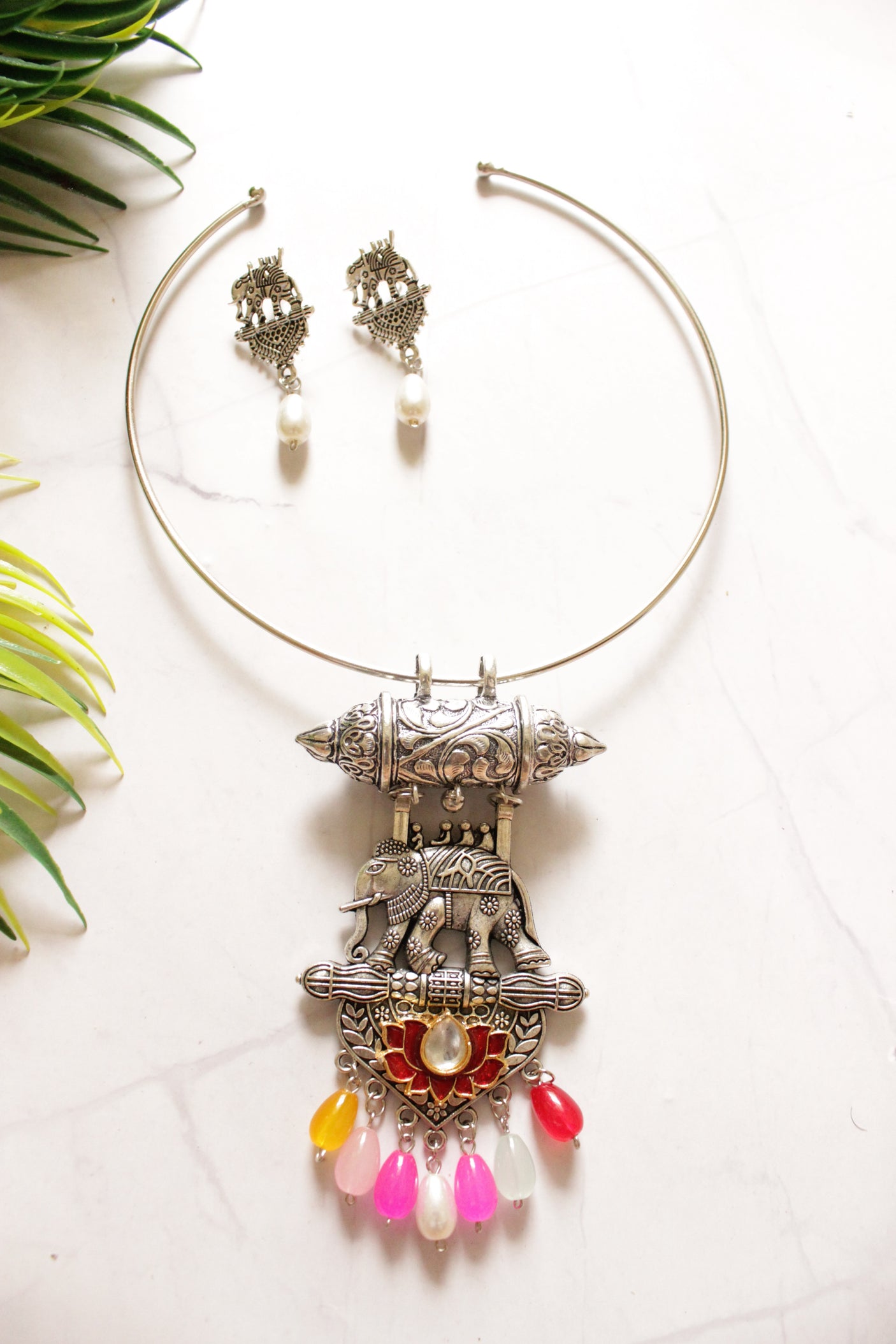 Oxidised Multi-Color Elephant Hasli Necklace Set