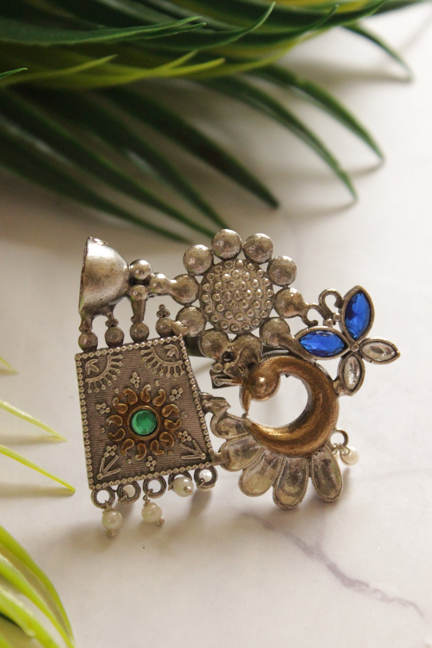 Dual Tone Premium Peacock Motif Green & Purple Stones Embedded Statement Cocktail Ring