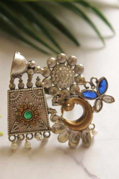 Dual Tone Premium Peacock Motif Green & Purple Stones Embedded Statement Cocktail Ring