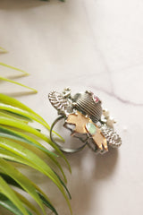 Dual Tone Premium Flower Motifs Pink Stones Embedded Statement Cocktail Ring